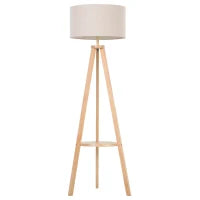 Lampada da Terra con Ripiano Intermedio Paralume in Lino Interruttore a Pedale Risparmio Energetico Altezza 154cm, Legno, 50x50x154 cm