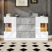 Credenza con illuminazione LED, cassetti, frontali lucidi ed effetto marmo, 140x35x75 cm, Bianco e Grigio