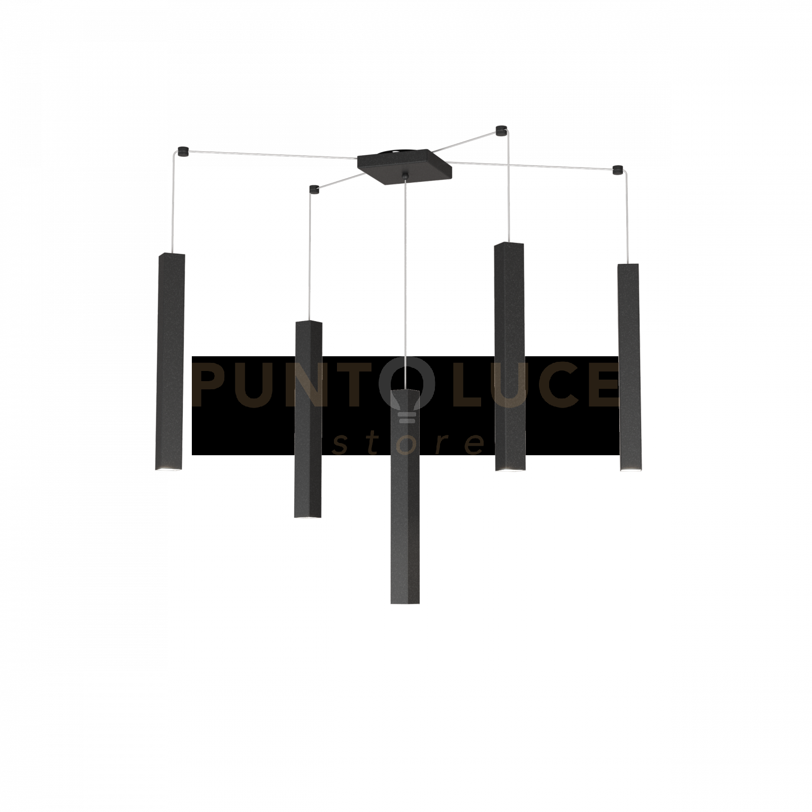 SQUARE TUBE SOSPENSIONE 5 LUCI NERO CAVO CM.250 CON BASE 1173-S5-NE