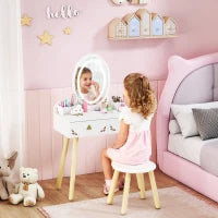 Set Toeletta per Bambini da 3 Anni con Specchio Illuminato e Sgabello, 2 Cassetti e 2 Scatole, Bianco