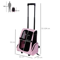 Trasportino Zaino 2 in 1 per Cani e Gatti con Tasche Laterali, Maniglia Telescopica e Ruote, 42x25x55cm, Rosa