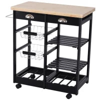 Carrello da Cucina Multiuso in Legno di Pino 74 x 37 x 75cm Nero