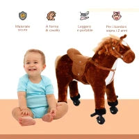 Cavallo a Dondolo per Bambini 2+ Anni con 4 Rotelle e Suoni Realistici, Dondolo per Bambini Imbottito con Poggiapiedi, 65x28x75 cm, Marrone