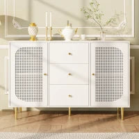 Credenza da pranzo in rattan con cassetti, per cucina e soggiorno, 120x40x90 cm, Bianco
