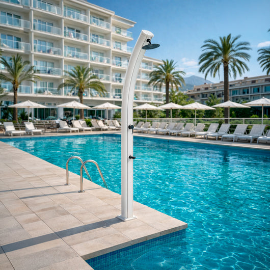 Starmatrix Doccia solare per esterno in Alluminio BIANCO RAL9003 serbatoio 35 L soffione tondo 20 cm miscelatore rubinetto lavapiedi altezza 226 cm SS0955C-WHITE SS0955