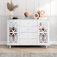 Credenza Specchiata con Maniglie a Cristallo,2 ante con ripiani mobili interni e 4 cassetti centrali,Bianco