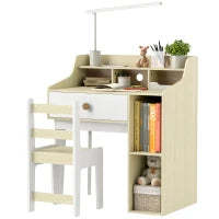 Set Scrivania per Bambini e Sedia in Legno con Scaffale e Cassetto, Età 3-10 Anni, Bianco e Legno
