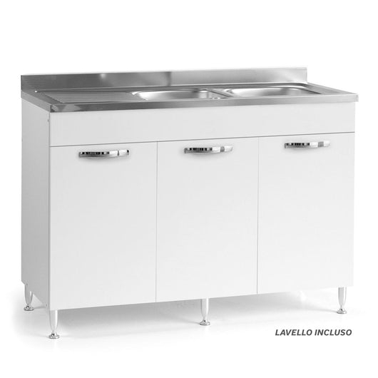Sottolavello per cucina componibile da 120 cm con tre ante, con Lavello Vasca a Destra + Gocciolatoio, realizzata in legno 100% MADE IN ITALY colore Bianco Frassino