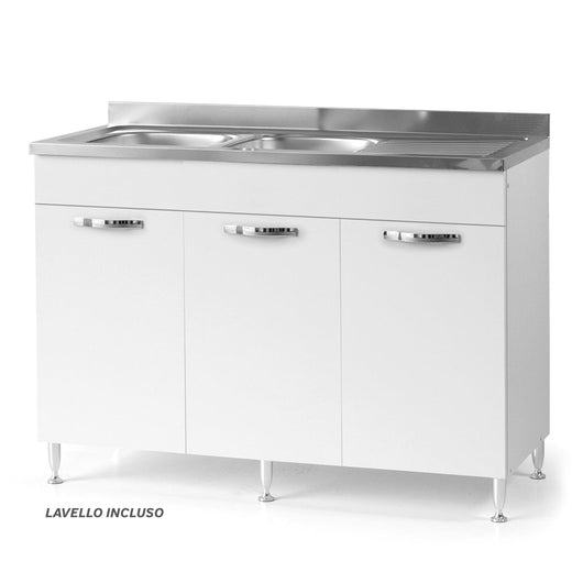 Sottolavello per cucina componibile da 120 cm con tre ante, con Lavello Vasca a Sinistra + Gocciolatoio, realizzata in legno 100% MADE IN ITALY colore Bianco Frassino