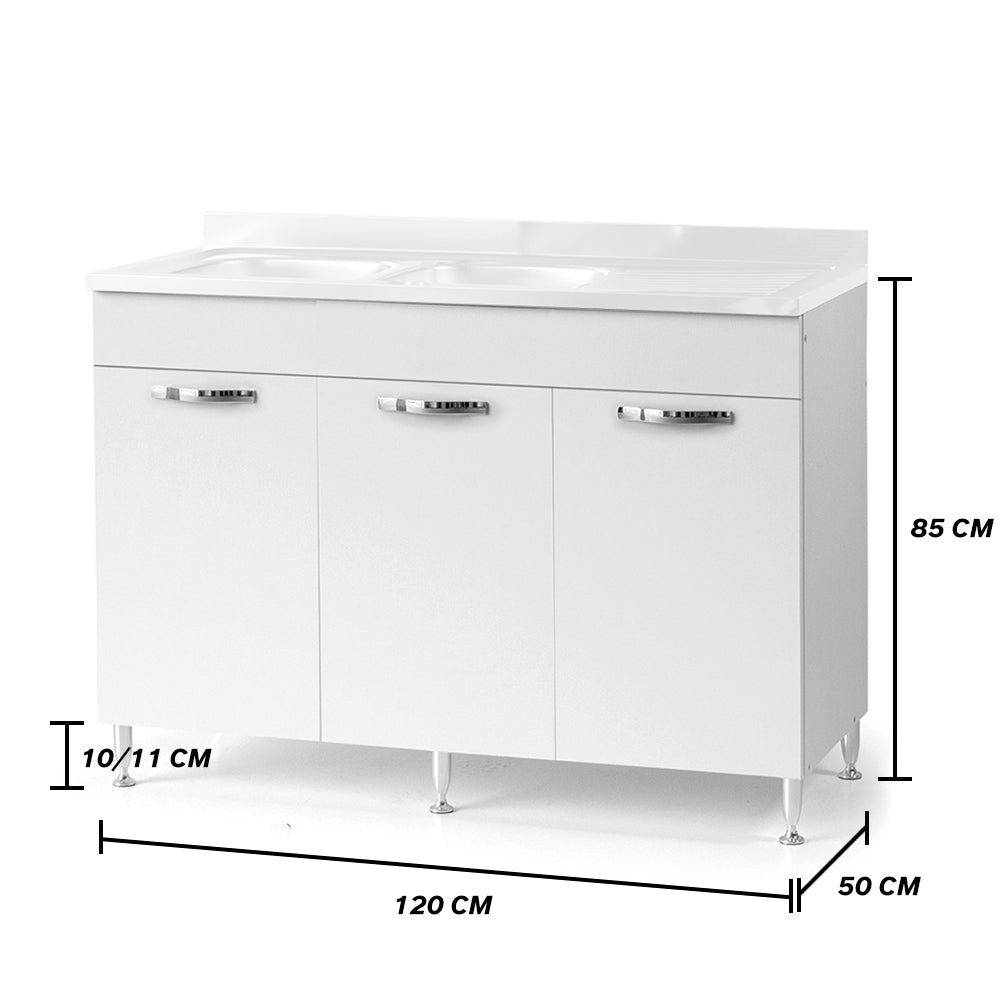 Sottolavello per cucina componibile da 120 cm con tre ante, realizzata in legno 100% MADE IN ITALY colore Bianco Frassino
