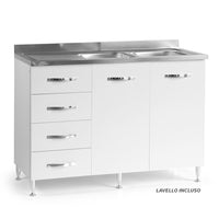 Sottolavello per cucina componibile da 120 cm con due ante e 4 cassetti, con Lavello vasche a Destra realizzata in legno 100% MADE IN ITALY colore Bianco Frassino