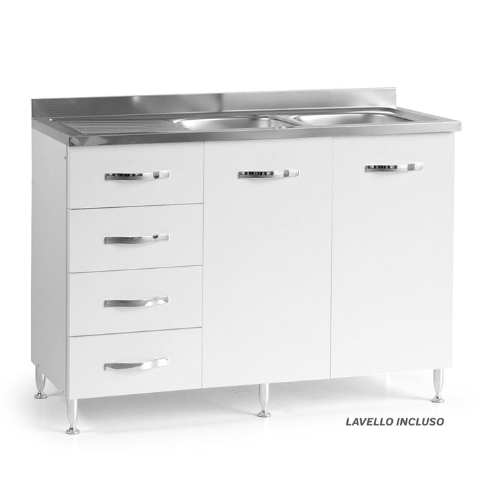 Sottolavello per cucina componibile da 120 cm con due ante e 4 cassetti, con Lavello vasche a Destra realizzata in legno 100% MADE IN ITALY colore Bianco Frassino