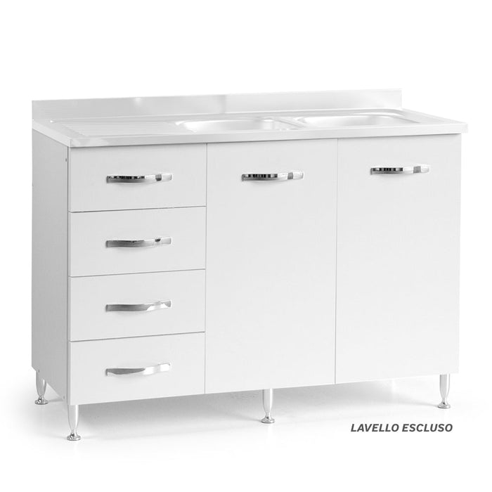 Sottolavello per cucina componibile da 120 cm con due ante e 4 cassetti, con Lavello vasche a Destra realizzata in legno 100% MADE IN ITALY colore Bianco Frassino