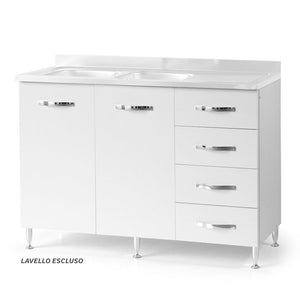 Sottolavello per cucina componibile da 120 cm con due ante e 4 cassetti, vasche a Sinistra realizzata in legno 100% MADE IN ITALY colore Bianco Frassino