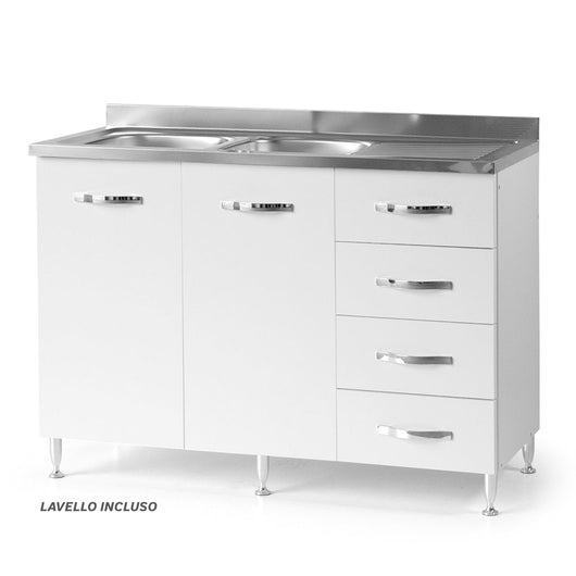 Sottolavello per cucina componibile da 120 cm con due ante e 4 cassetti,con Lavello vasche a Sinistra realizzata in legno 100% MADE IN ITALY colore Bianco Frassino