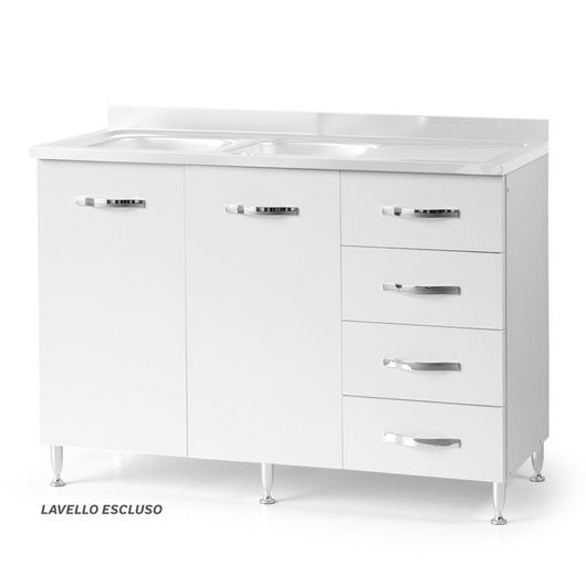 Sottolavello per cucina componibile da 120 cm con due ante e 4 cassetti,con Lavello vasche a Sinistra realizzata in legno 100% MADE IN ITALY colore Bianco Frassino