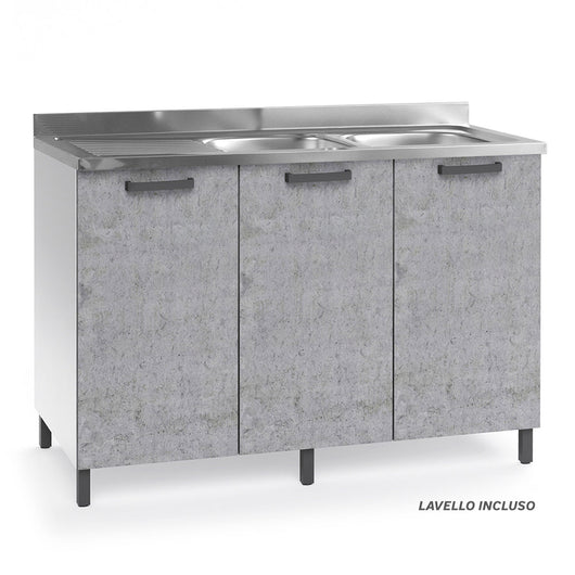 Sottolavello per cucina componibile da 120 cm con tre ante, con Lavello Vasca a Destra + Gocciolatoio, realizzata in legno 100% MADE IN ITALY colore Cemento