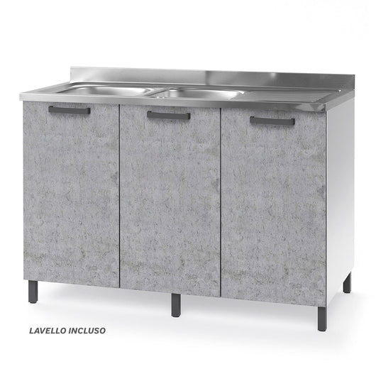 Sottolavello per cucina componibile da 120 cm con tre ante, con Lavello Vasca a Sinistra + Gocciolatoio, realizzata in legno 100% MADE IN ITALY colore Cemento