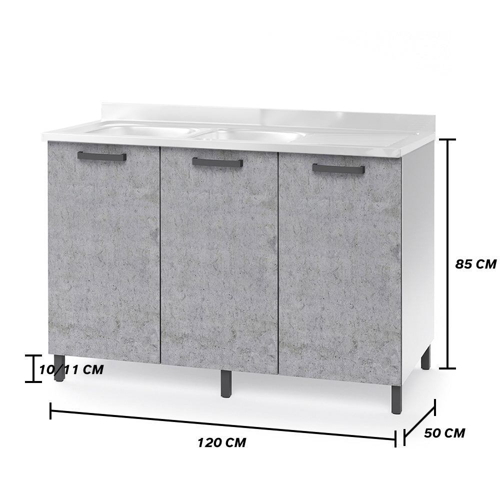 Sottolavello per cucina componibile da 120 cm con tre ante, realizzata in legno 100% MADE IN ITALY colore Cemento