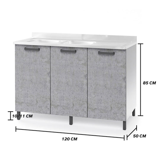 Sottolavello per cucina componibile da 120 cm con tre ante, realizzata in legno 100% MADE IN ITALY colore Cemento