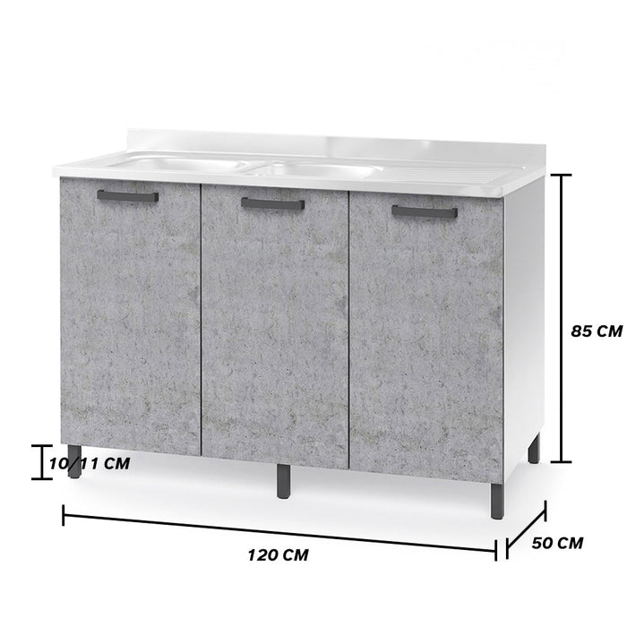 Sottolavello per cucina componibile da 120 cm con tre ante, realizzata in legno 100% MADE IN ITALY colore Cemento