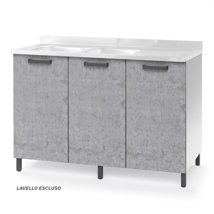 Sottolavello per cucina componibile da 120 cm con tre ante, realizzata in legno 100% MADE IN ITALY colore Cemento