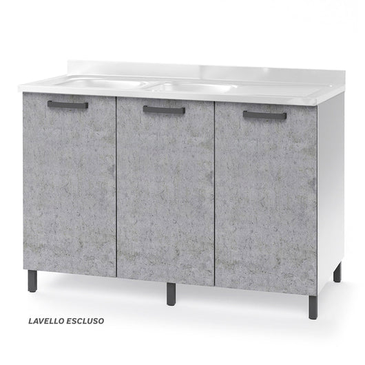 Sottolavello per cucina componibile da 120 cm con tre ante, con Lavello Vasca a Sinistra + Gocciolatoio, realizzata in legno 100% MADE IN ITALY colore Cemento