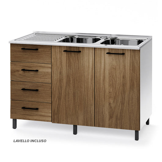Sottolavello per cucina componibile da 120 cm con due ante e 4 cassetti, con Lavello vasche a Destra realizzata in legno 100% MADE IN ITALY colore Noce