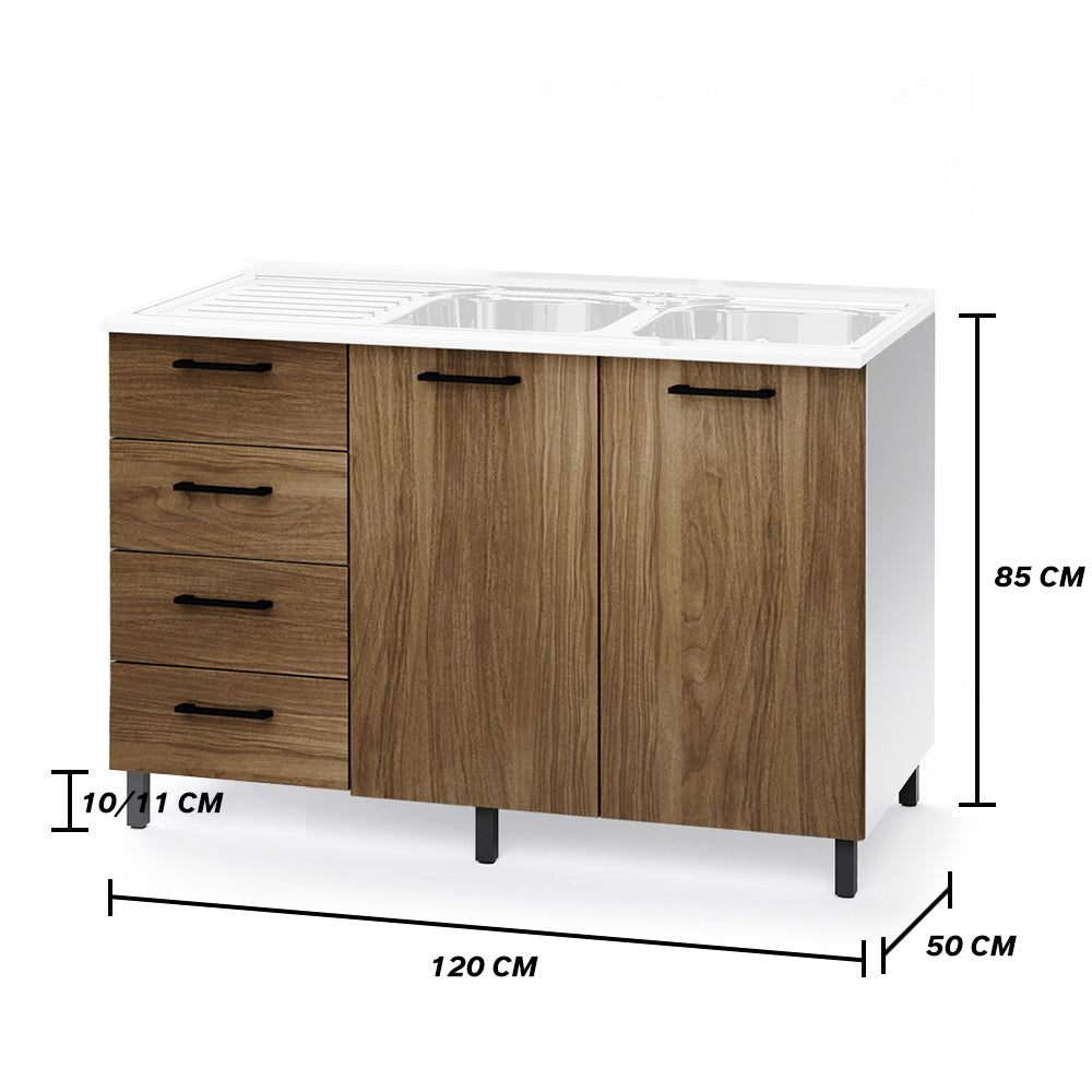 Sottolavello per cucina componibile da 120 cm con due ante e 4 cassetti, con Lavello vasche a Destra realizzata in legno 100% MADE IN ITALY colore Noce