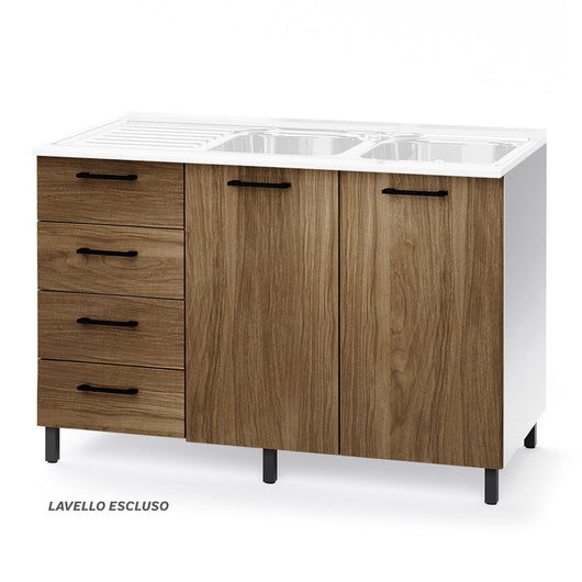 Sottolavello per cucina componibile da 120 cm con due ante e 4 cassetti, vasche a Destra realizzata in legno 100% MADE IN ITALY colore Noce