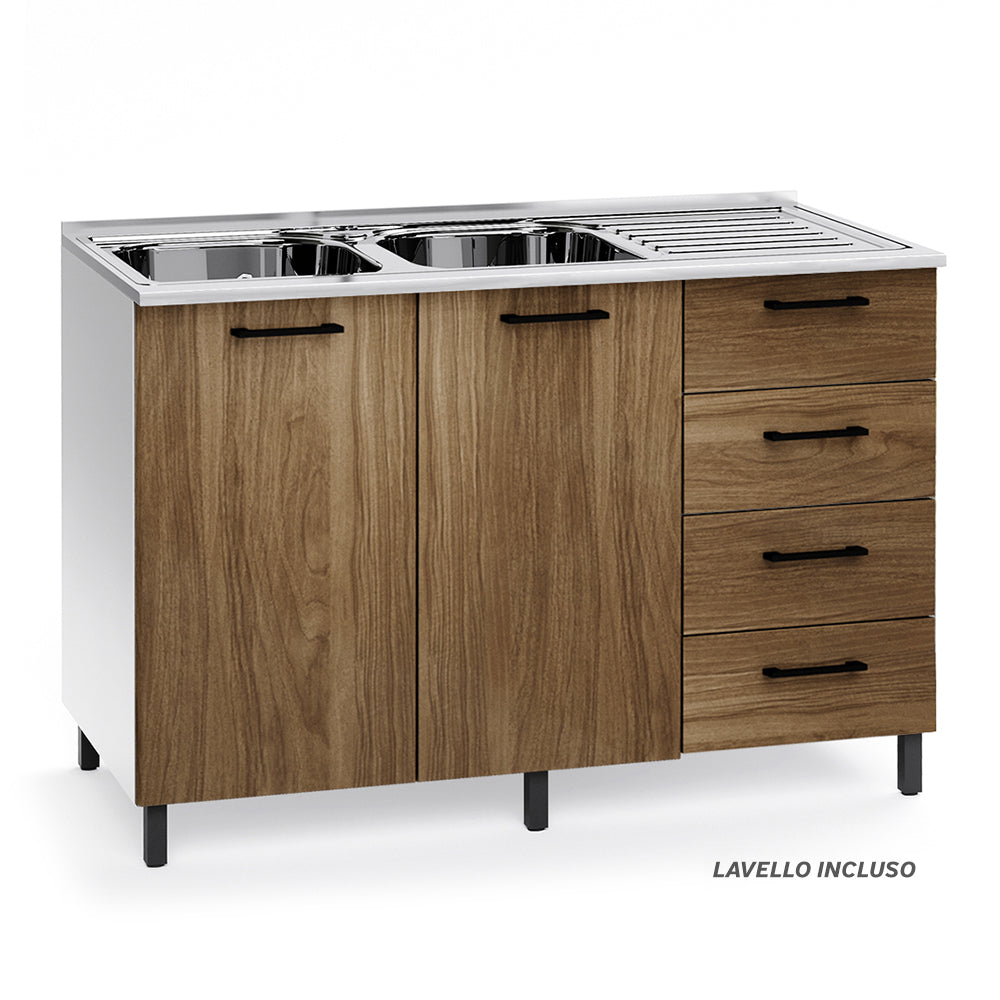 Sottolavello per cucina componibile da 120 cm con due ante e 4 cassetti,con Lavello vasche a Sinistra realizzata in legno 100% MADE IN ITALY colore Noce