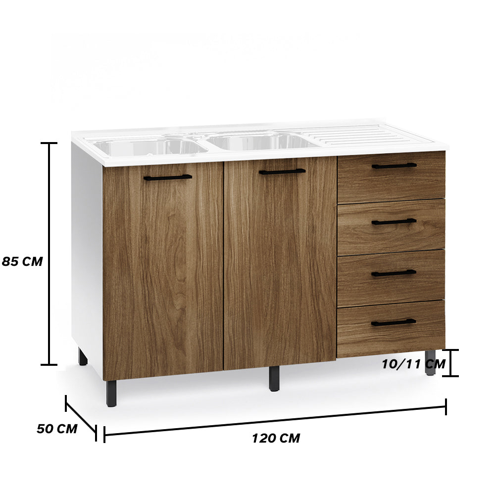 Sottolavello per cucina componibile da 120 cm con due ante e 4 cassetti,con Lavello vasche a Sinistra realizzata in legno 100% MADE IN ITALY colore Noce