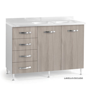 Sottolavello per cucina componibile da 120 cm con due ante e 4 cassetti, con Lavello vasche a Destra realizzata in legno 100% MADE IN ITALY colore Olmo