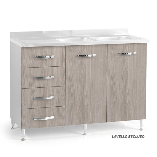 Sottolavello per cucina componibile da 120 cm con due ante e 4 cassetti, con Lavello vasche a Destra realizzata in legno 100% MADE IN ITALY colore Olmo