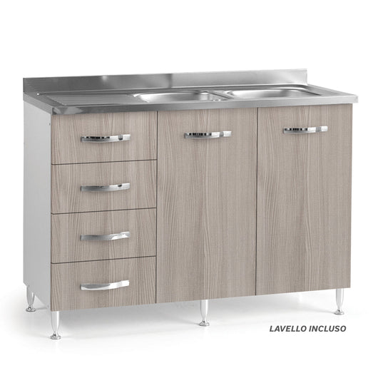 Sottolavello per cucina componibile da 120 cm con due ante e 4 cassetti, con Lavello vasche a Destra realizzata in legno 100% MADE IN ITALY colore Olmo