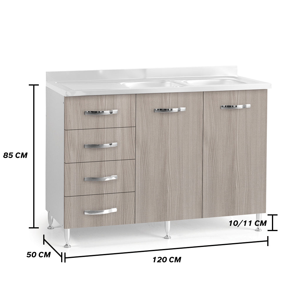 Sottolavello per cucina componibile da 120 cm con due ante e 4 cassetti, con Lavello vasche a Destra realizzata in legno 100% MADE IN ITALY colore Olmo