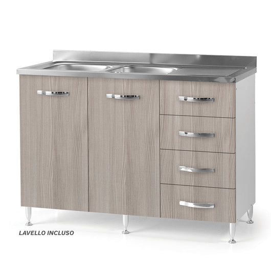 Sottolavello per cucina componibile da 120 cm con due ante e 4 cassetti,con Lavello vasche a Sinistra realizzata in legno 100% MADE IN ITALY colore Olmo