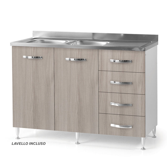 Sottolavello per cucina componibile da 120 cm con due ante e 4 cassetti,con Lavello vasche a Sinistra realizzata in legno 100% MADE IN ITALY colore Olmo