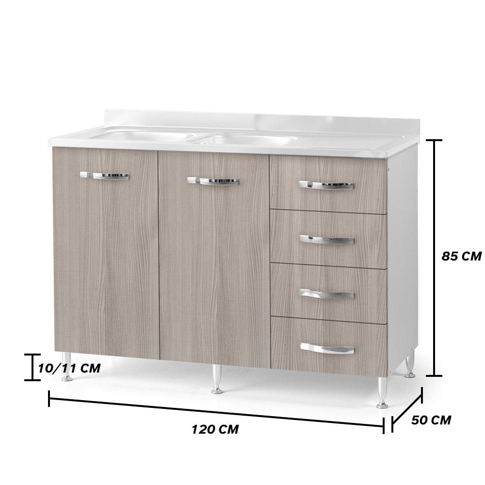 Sottolavello per cucina componibile da 120 cm con due ante e 4 cassetti,con Lavello vasche a Sinistra realizzata in legno 100% MADE IN ITALY colore Olmo