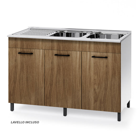 Sottolavello per cucina componibile da 120 cm con tre ante, con Lavello Vasca a Destra + Gocciolatoio, realizzata in legno 100% MADE IN ITALY colore Noce