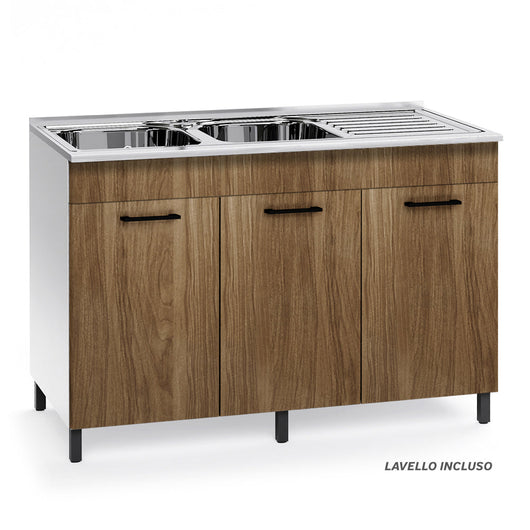 Sottolavello per cucina componibile da 120 cm con tre ante, con Lavello Vasche a Sinistra + Gocciolatoio, realizzata in legno 100% MADE IN ITALY colore Noce