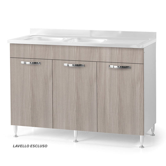 Sottolavello per cucina componibile da 120 cm con tre ante, con Lavello Vasca a Destra + Gocciolatoio, realizzata in legno 100% MADE IN ITALY colore Olmo