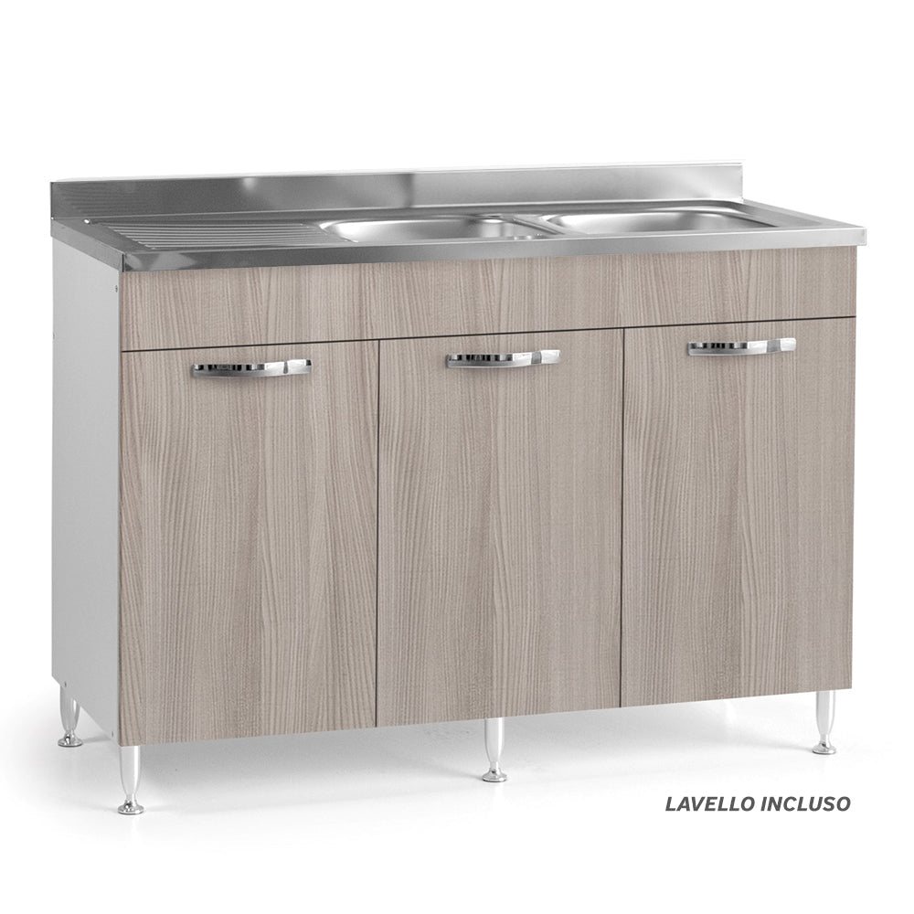 Sottolavello per cucina componibile da 120 cm con tre ante, con Lavello Vasca a Destra + Gocciolatoio, realizzata in legno 100% MADE IN ITALY colore Olmo