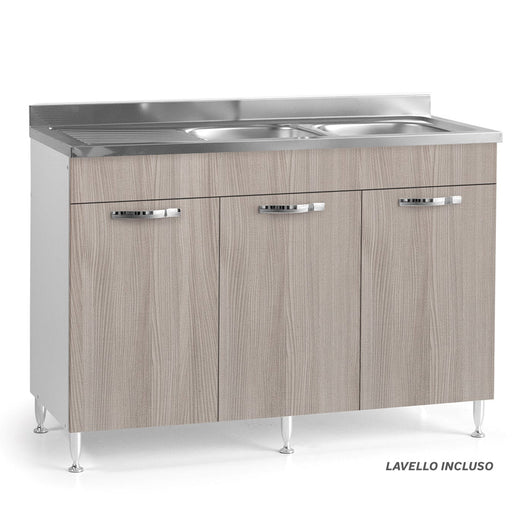 Sottolavello per cucina componibile da 120 cm con tre ante, con Lavello Vasca a Destra + Gocciolatoio, realizzata in legno 100% MADE IN ITALY colore Olmo