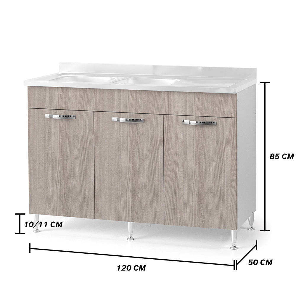 Sottolavello per cucina componibile da 120 cm con tre ante, con Lavello Vasca a Destra + Gocciolatoio, realizzata in legno 100% MADE IN ITALY colore Olmo