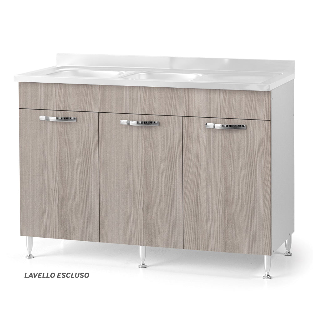 Sottolavello per cucina componibile da 120 cm con tre ante, con Lavello Vasca a Sinistra + Gocciolatoio, realizzata in legno 100% MADE IN ITALY colore Olmo