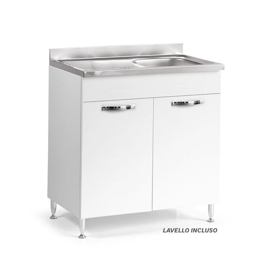 Sottolavello per cucina componibile da 80 cm con due ante, Lavello con vasca a Destra + Gocciolatoio, realizzato in legno 100% MADE IN ITALY colore Bianco Frassino