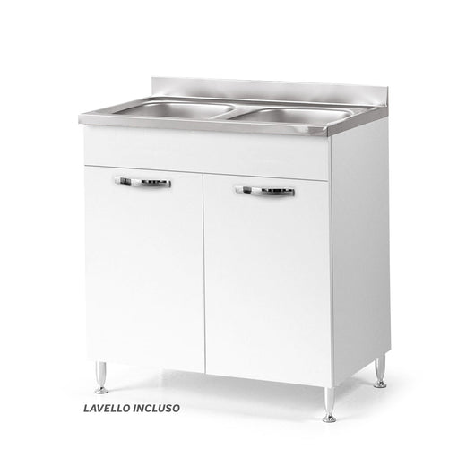 Sottolavello per cucina componibile da 80 cm con due ante, Lavello con 2 Vasche, realizzato in legno 100% MADE IN ITALY colore Bianco Frassino