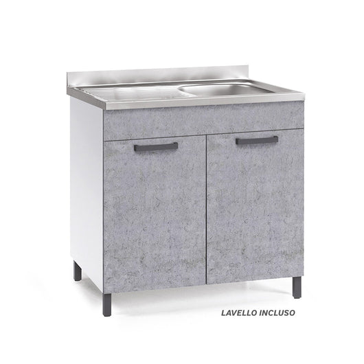 Sottolavello per cucina componibile da 80 cm con due ante, Lavello con vasca a Destra + Gocciolatoio, realizzato in legno 100% MADE IN ITALY colore Cemento