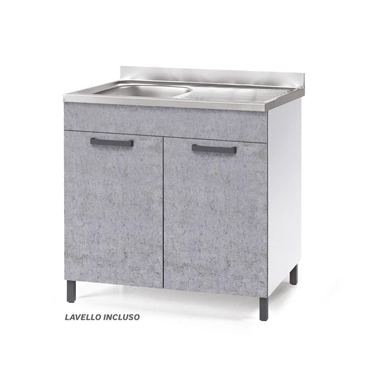 Sottolavello per cucina componibile da 80 cm con due ante, Lavello con vasca a Sinistra + Gocciolatoio, realizzato in legno 100% MADE IN ITALY colore Cemento